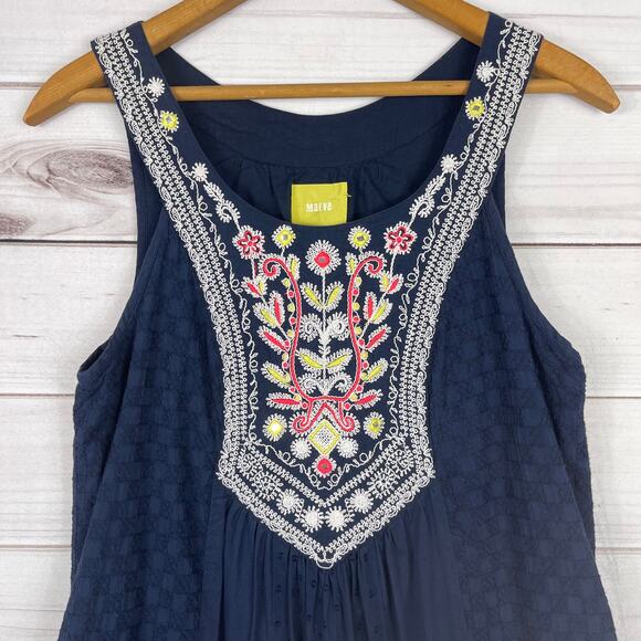 Maeve Women Dress Blue Navy Embroidered Sleeveless Size 4 Pockets - Picture 3 of 10